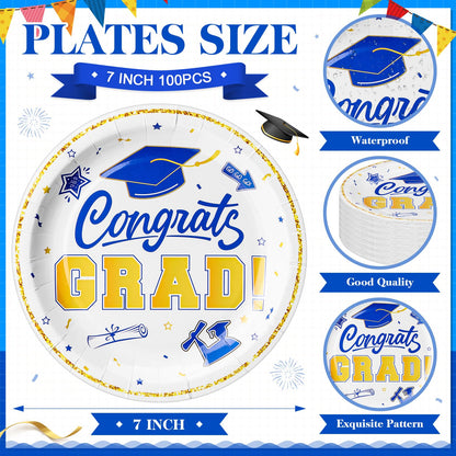 Sabary Blue White Gold 100 Pcs Graduation Paper Plates 2026 7 Inch Graduation Party Supplies Class of 2026 Decorations Congrats Grad Plates Disposable Plate Tableware (Classic)