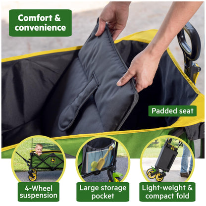 Bright Starts John Deere Pop 'N Ride Stroller Wagon, Foldable with Sun Shade 50+ SPF Protection, Seats 2 Kids at Once, Green & Yellow Unisex