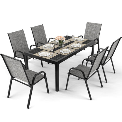 Pamapic Outdoor Dining Sets for 6, Rectangular Steel Slat Table with 6 Textilene Chairs, 7 Piece Patio Table and Chairs Set with Umbrella Hole for Patio, Garden, Backyard and Poolside (Grey)