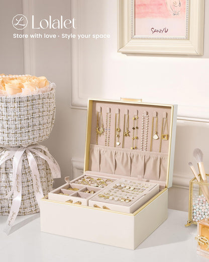 Lolalet Jewelry Box Organizer for Women Girls, 2 Layer Jewelry Organizers and Storage for Necklace Earrings Rings Bracelets, Large Jewellery Holder Case Birthday Valentine Gifts -Cream