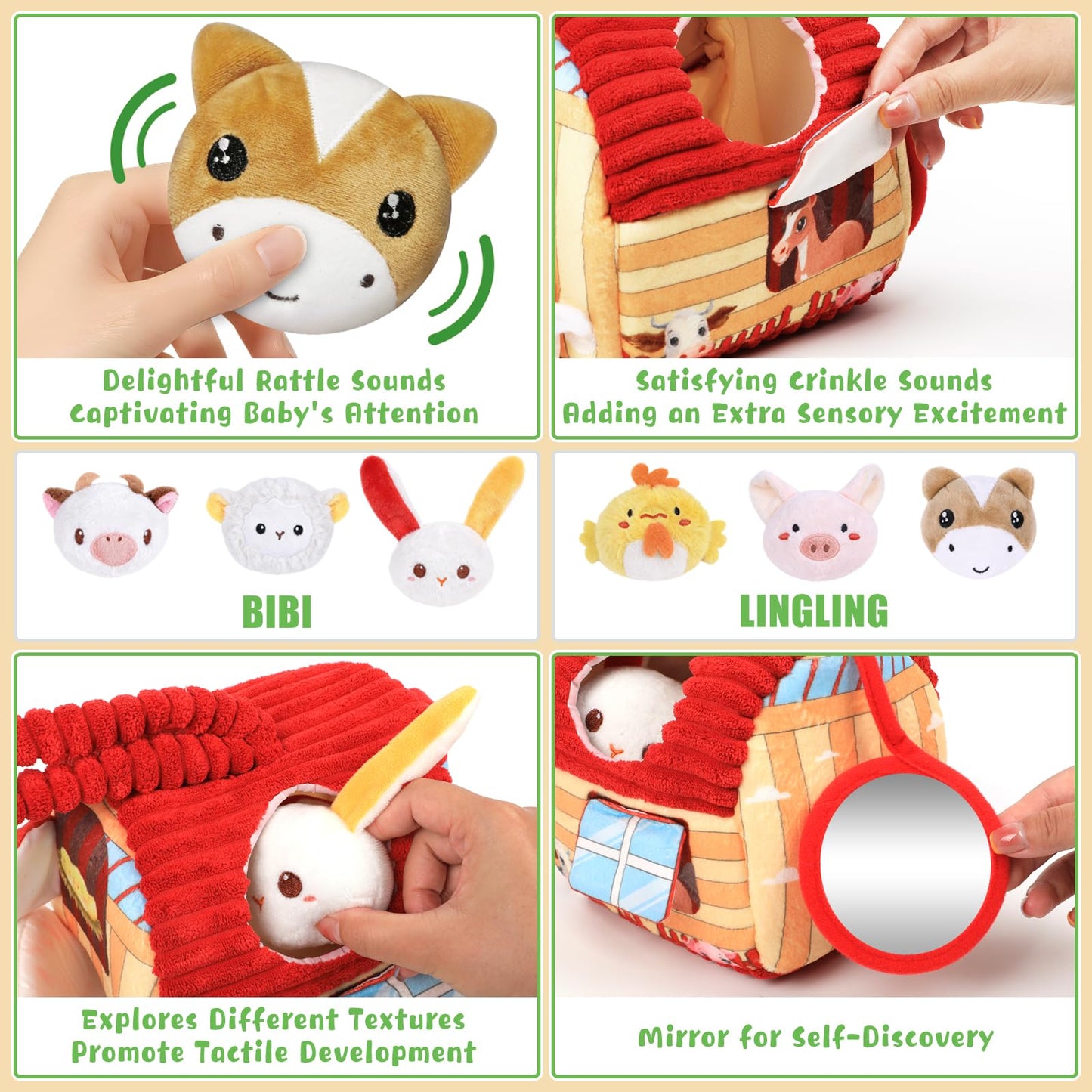 kenvc Baby Toys for 6-12 Months, Barn Stuffed Farm Animals with Sounds & Ring, Plush Animals Toys Have Mirror Montessori Educational Toys Sensory for Developmental for Infants & Toddler Toy Gift