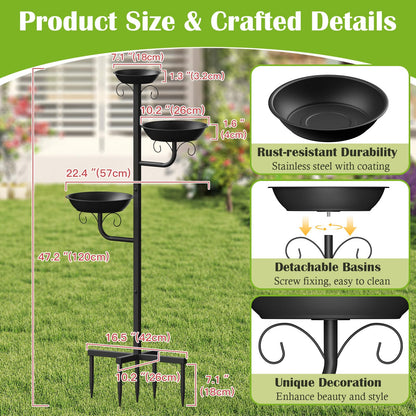 Pawaboo Bird Bath for Outside, 47in Metal Freestanding Birdbaths & Birdfeeder, Bird Feeder Bowl and 2 Birds Bath Bowls, 5-Pronged Base Birds Baths Feeder Stand for Outdoors Garden Yard Lawn Decor