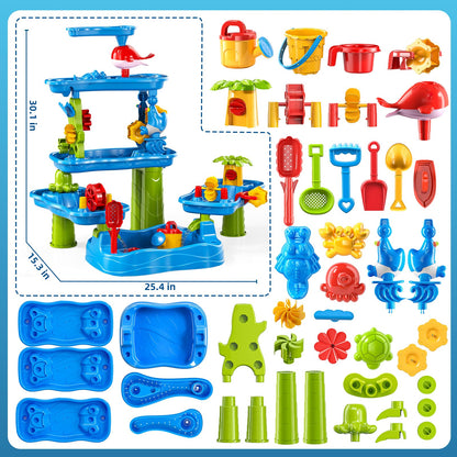Sand and Water Table for Toddlers 18M+, 5-Tier Outdoor Toys and Play Activity Set for Kids Boys Girls Toddlers Ages 3 4 5 6 7 8 Years, Kids Sand Water Play Table Summer Beach & Pool Toys for Yard