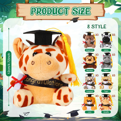 24 Pcs Mini Graduation Stuffed Forest Animals Bulk Congrats Grad Jungle Animal 4.8 Inch Lovely Toys Lion Tiger Elephant Giraffe Plush for 2026 Graduation Party Favor Decoration Classroom Exchange Gift