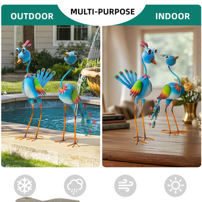 Ultym 22.5" Metal Peacock Garden Statues Set of 2, Whimsical Hand-Painted Cartoon Birds, Blue & Rainbow Yard Art for Patio Lawn, Indoor Shelf Decor, Unique Gift for Women