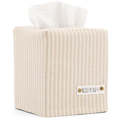 Stylish Tissue Box Cover - This Beige Striped Linen Holder Instantly Covers Your Square Tissue Boxes - The Perfect Cube Cover for Your Bathroom and Home