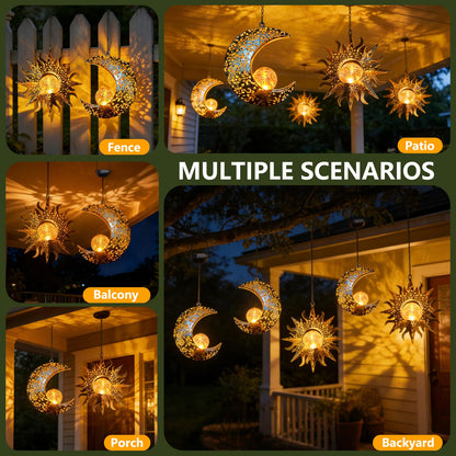 QCF Solar Hanging Sun and Moon Lights Garden Outside Decor,2 Pack Metal Lanterns Outdoor Sunflower Art Decorations for Porch Backyard Patio Wall Tree,Unique Gardening Gifts for Women Mom Grandma