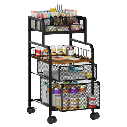 SWTYMIKI Rolling Cart with Drawers - Metal Utility Cart with Wood Shelf, DIY Divider and Locking Wheels, Craft & Art Cart Organizer for Under Desk Storage for Home Office Studio, Espresso