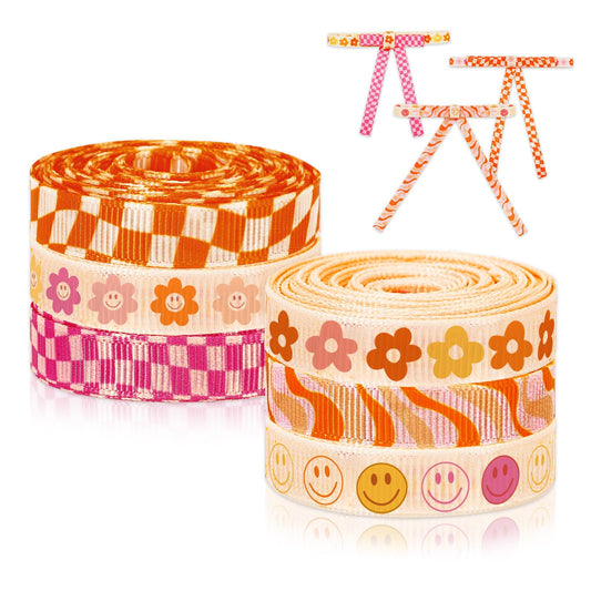 Whaline 6 Rolls Retro Groovy Ribbon 30 Yards 0.4 Inch Boho Daisy Checkered Face Grosgrain Ribbon Vintage Boho Fabric Craft Ribbons for Wreath Bow Making Gift Wrapping Decor DIY Crafts