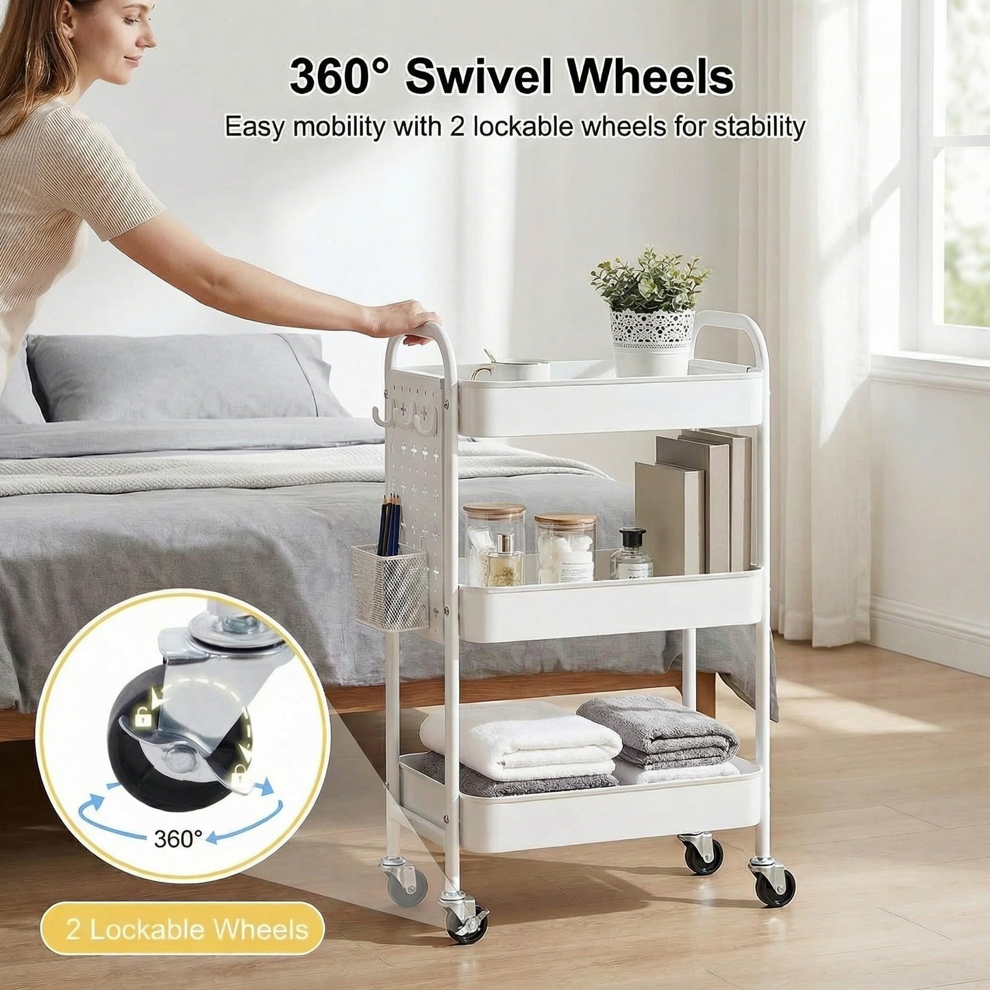 YanKiTour 3 Tier Rolling Cart with DIY Pegboards & Mop Holder, Metal Utility Cart with Wheels, Hooks and Bins, Storage Organizer for Bathroom, Laundry, Kitchen, Office, Craft Room (White)