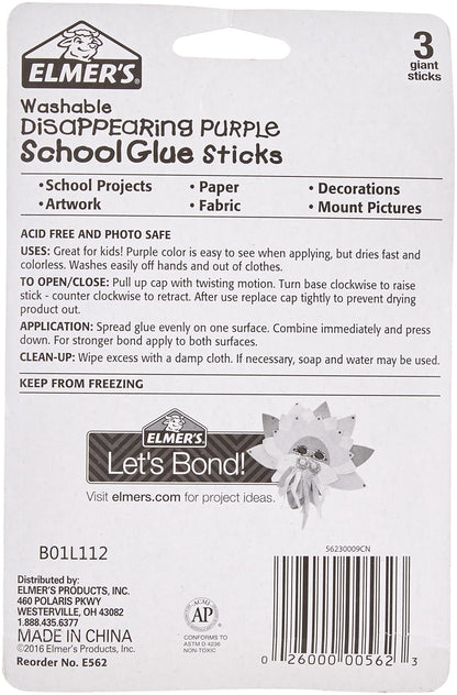 Elmer's Disappearing Purple School Glue Sticks, Washable, 22 Grams, 18 Sticks Total (Packaging May Vary)