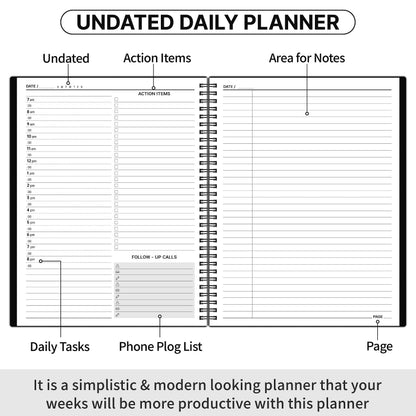 Daily Planner Undated - Spiral Appointment Planners, 208 Pages, 8.8" x 11", Daily Planner with Hourly Schedules, Appointment Book for Man/Women, Inner Pocket, Elastic Closure