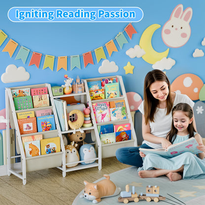 Kids Bookshelf Toy Storage Organizer - Book Shelf for Kids Rooms, 2 Sides Children Bookcase with 3 Tired Toy Storage Organizer, White Toddler Baby Bookshelf Book Shelves for Bedroom Nursery Playroom