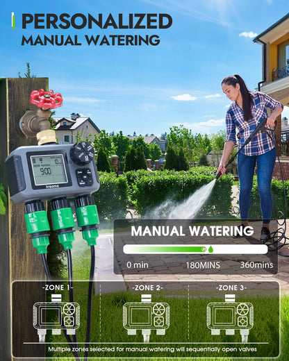 Insoma 3-Zone Sprinkler Timer with Brass Inlet + IPX5 Waterproof | Programmable Auto/Manual Irrigation Mode with Rain Delay & Large LCD | Water Hose Timer 3 Outlets for Garden, Lawn, Yard, Pool