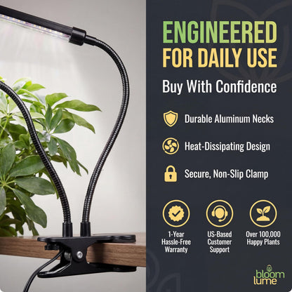 Bloom Lume LED Grow Lights for Indoor Plants Full Spectrum - Features Multi Mode Color Spectrums, Dimmable, Auto Timer, Clip on Goosneck Plant Lamp