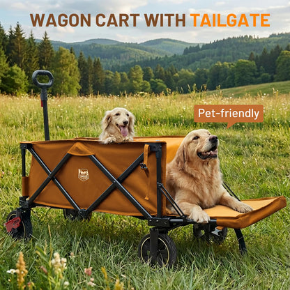 Timber Ridge 49" Extra Long Collapsible Folding Wagon with Tailgate and Brakes, 250L Capacity All-Terrain Wagon Carts Foldable, 300lbs Portable Cart for Dog, Garden, Outdoor Camping Sports, Orange