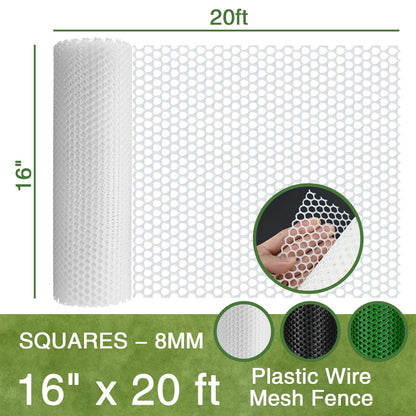 Plastic Wire Mesh Fence 16In x 20Ft, Chicken Wire Fencing for Poultry, Dogs, Rabbits, Snake Barrier, Garden Netting, Balcony Pet Barrier, Lightweight Plastic Mesh for Outdoor Use White