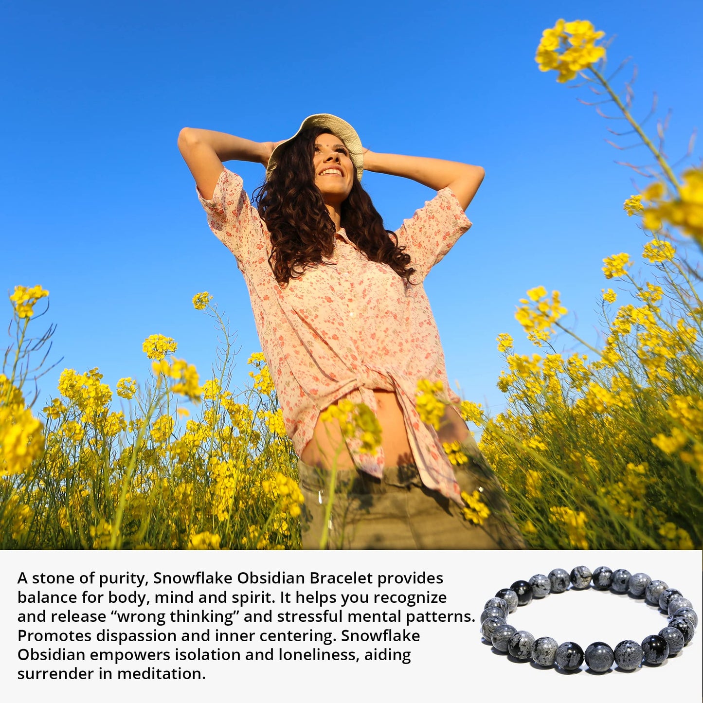 ANAYA AGATE Natural Snowflake Obsidian Bracelet, Healing Crystal Bracelet for Women and Men, 8mm Round Beaded Bracelet for Spiritual, Protection, Positive Energy, Elastic Adjustable Size Gemstone Bead Bracelet