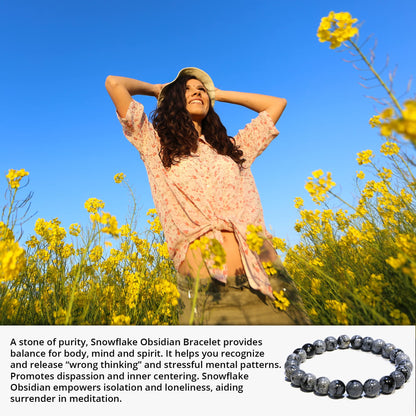 ANAYA AGATE Natural Snowflake Obsidian Bracelet, Healing Crystal Bracelet for Women and Men, 8mm Round Beaded Bracelet for Spiritual, Protection, Positive Energy, Elastic Adjustable Size Gemstone Bead Bracelet