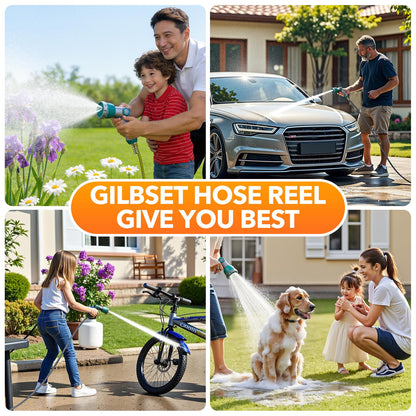 GILBEST 5/8" x 100 ft Retractable Garden Hose Reel, Heavy Duty Water Hose Reel Wall Mounted, Any Length Lock, 180°Swivel, Retractable Hose with 10-Function Nozzle for Cleaning, Watering (Green)