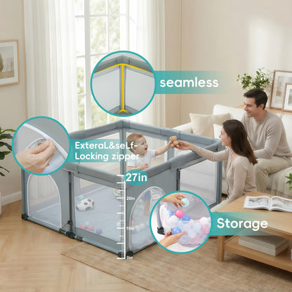 Foldable Playpen with Detachable Thicken Mat,50x50 Inches Portable Playpen,Collapsible Play Pen for Babies and Toddlers,Indoor & Outdoor Baby Fence Play Area,Cold Gray