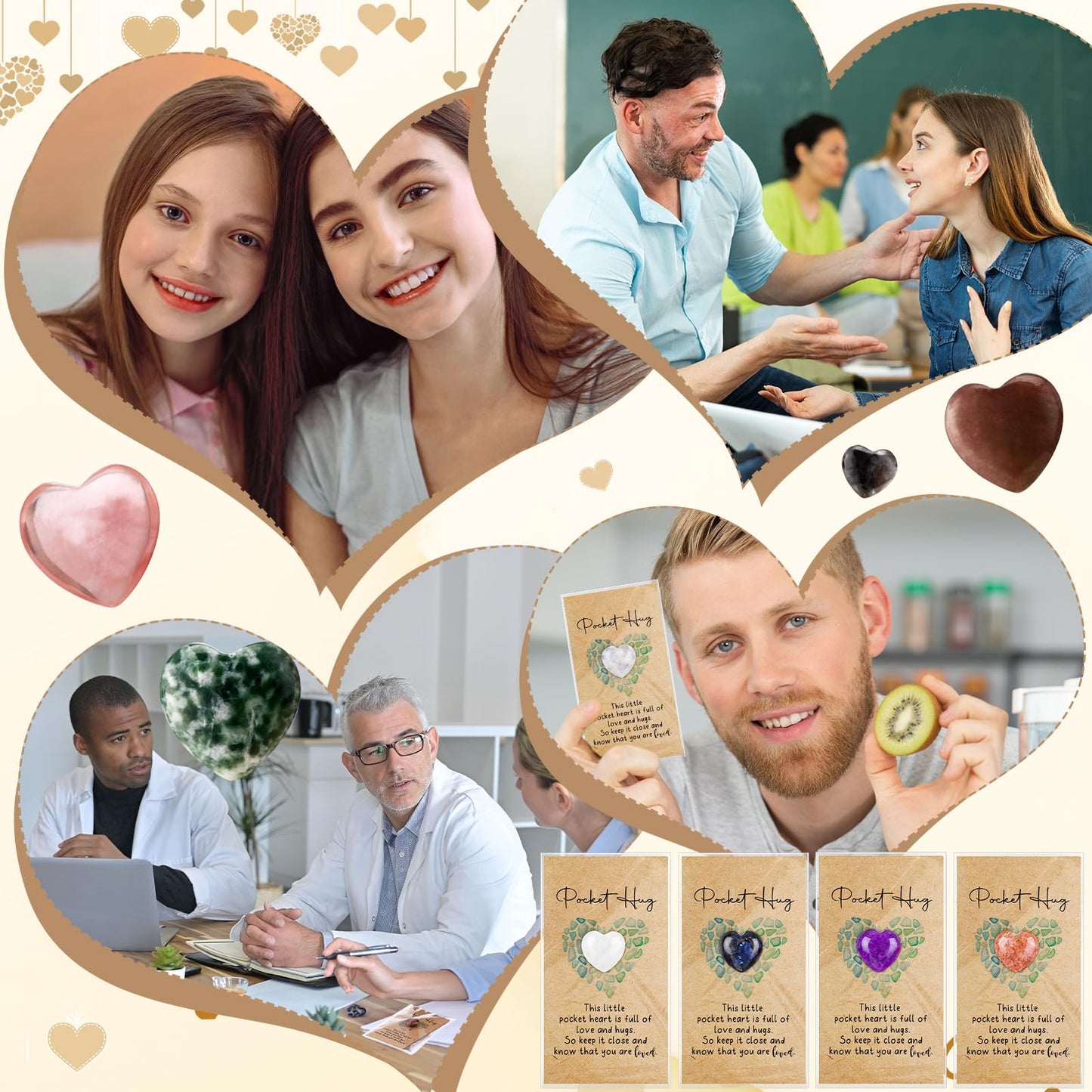 Nosiny 45 Sets Heart Stones Bulk Mother's Day Gift for Women Pocket Hug Token 0.8'' Natural Heart Crystals and Healing Stones with Card Employee Coworker Volunteer Nurse Graduation Meditation Gift