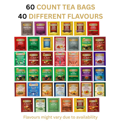 Twinings Tea Bag Sampler Variety with Walnut Wooden Organizer (60 Count) 40 Different Flavours, Gift for Tea Lovers: Women, Men, Mom, Dad, Family, Friends, Couples