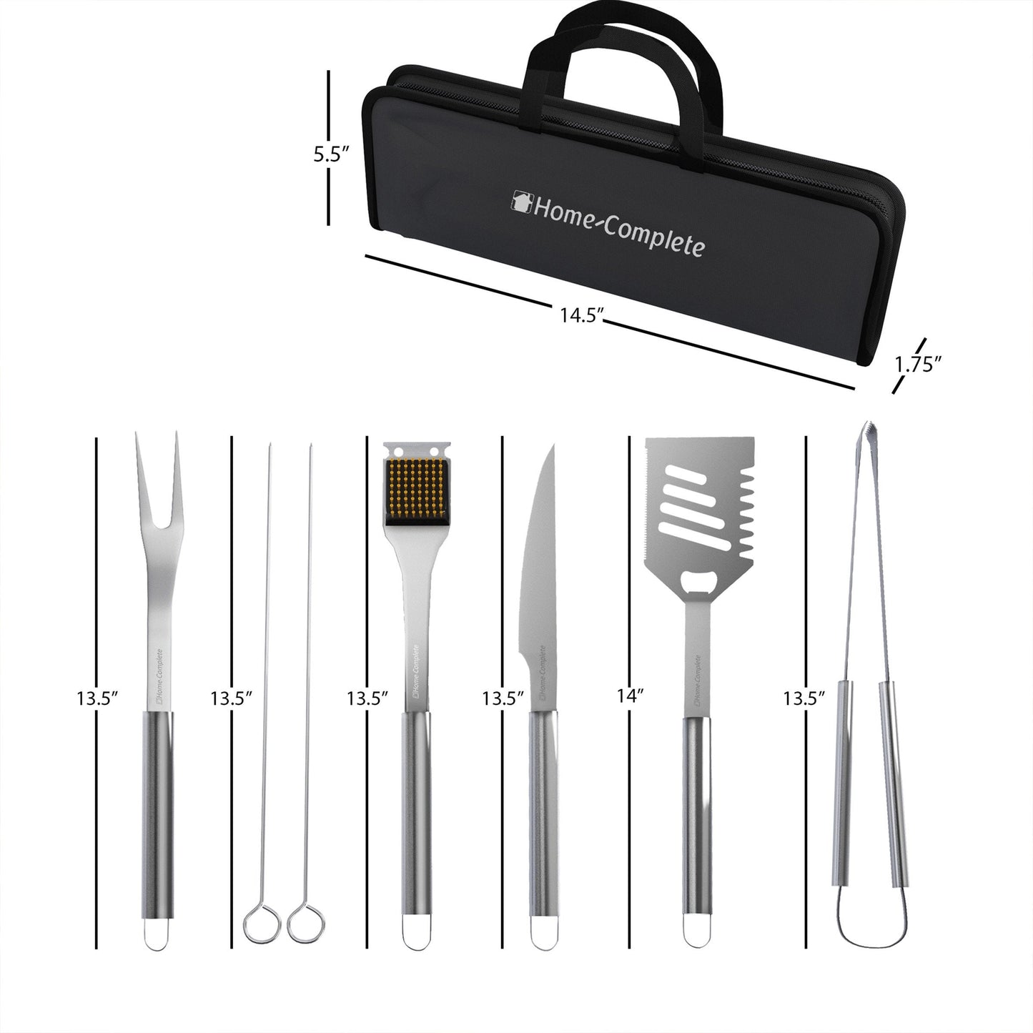 7-Piece BBQ Grill Tool Kit - Stainless Steel BBQ Accessories Kitchen Set with Spatula, Tongs, Fork, Knife, Brush, Skewers, and Case by Home-Complete