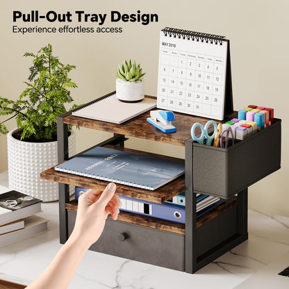 Desk Organizers and Accessories, 4-Tier Paper Letter Tray File Organizer with Fabric Drawer & 3 Pen Holder, Office Desk Accessories Workspace Desktop Organizer for Office Supplies, Rustic Brown
