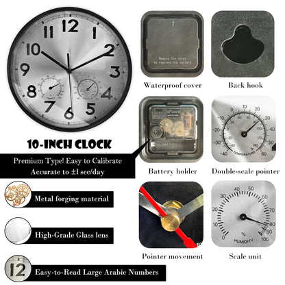VIOYOUNS 10 Inch Indoor Clock with Temperature and Humidity, Waterproof and Silent, Large Easy-to-Read Numbers, Ideal for Bedroom,Office,Living Room,Porch,Garden,Pool(Silver)