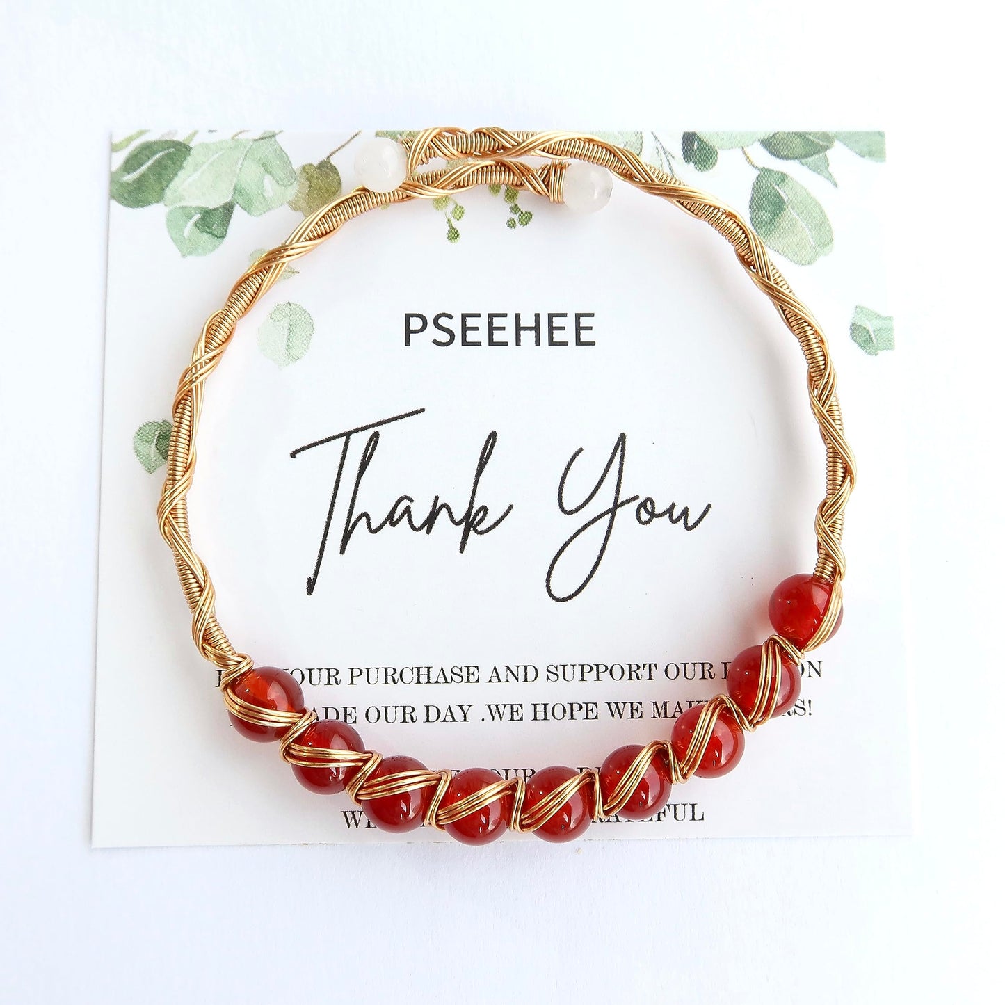 PSEEHEE Handmade Genuine Red Agate 14k Gold Filled Wire Wrapped Bracelet, Birthstone Chakra Healing Grounding Gemstone Crystal Beads Adjustable Bangle Cuff Jewelry Gift for Women