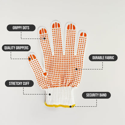 Winterlace 48 Pairs Cotton Grip Work Gloves Bulk Safety Protection Non-Slip PVC Rubber Dots Garage Construction Warehouse Wholesale (48 Pairs - Orange Dots)