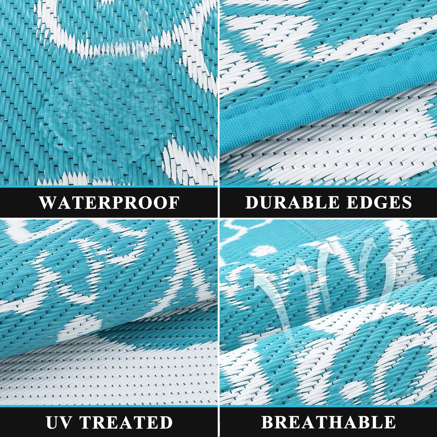 Pauwer Waterproof Outdoor Rug 8x10, Reversible Plastic Straw Patio Camping Rug, Indoor Outdoor RV Mat Carpet for Deck, Camper, Porch, Balcony, Backyard, Picnic, Boho Teal