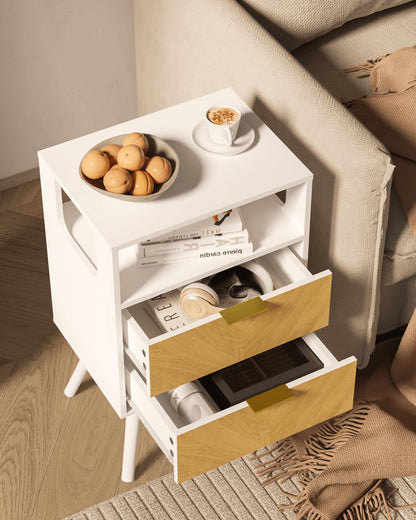 Veegle Solid Wood Nightstand with 2 Storage Drawer and Open Wood Shelf, End Table, Bedside Table with Herringbone Pattern for Rustic Bedroom, Easy Assembly, Rustic Golden Brown and White