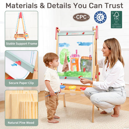 WINGYZ 3-in-1 Art Easel for Kids – Sturdy Pine Wood Easel with Magnetic Whiteboard, Chalkboard & 400" Paper Roll, Foldable Adjustable Heights for Ages 2-12, Complete Tool-Free Art Station