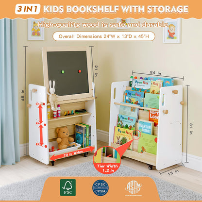 Kids Bookshelf & Easel & Toys Storage Organizer with Wheels, 3-in-1 Wooden Art Easels with Chalkboard & Whiteboard for Toddlers, 5-Tier Montessori Book Shelf for Kids Rooms, Bedroom, Nursery, Playroom