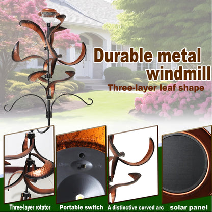 81" Metal Wind Spinner with Solar LED Light & Hanging Hooks - Rustic Copper Finish Kinetic Yard Art for Garden, Patio, Lawn - Outdoor Decor Stake