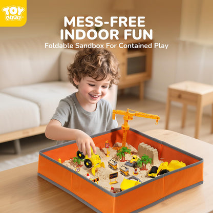 TOY Life 38 Pcs Sand Construction Kit with Big Foldable Sandbox with 2.2Ibs Magic Sand, Trucks, Castle Molds & Beach-Side Mat – Indoor Sandbox Toy Construction Sensory Bins for Toddlers