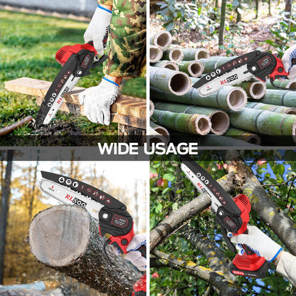 Mini Chainsaw Cordless, 6 Inch Handheld Chain Saw Battery Powered with 2 Rechargeable Batteries and 3 Chains, Portable Small Electric Tree Trimmer for Wood Cutting, Pruning, Courtyard and Household