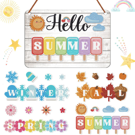 MiniInflat Hello Spring Interchangeable Sign Seasonal Diamond Art Painting Kits with 20 Interchangeable Magnetic Decor Farmhouse Spring Wall Hanging Diamond Painting Sign for Home Decoration(White)