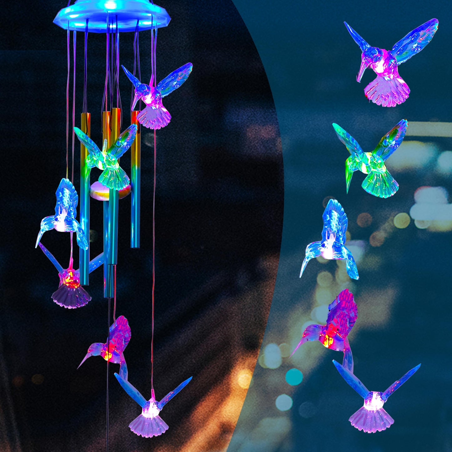 Outdoor Solar Wind Chime Decoration, Mother's Day Birthday Gifts for Grandma, Mom and Family, Outdoor Garden and Courtyard Wind Chime Accessories (Blue Hummingbird)