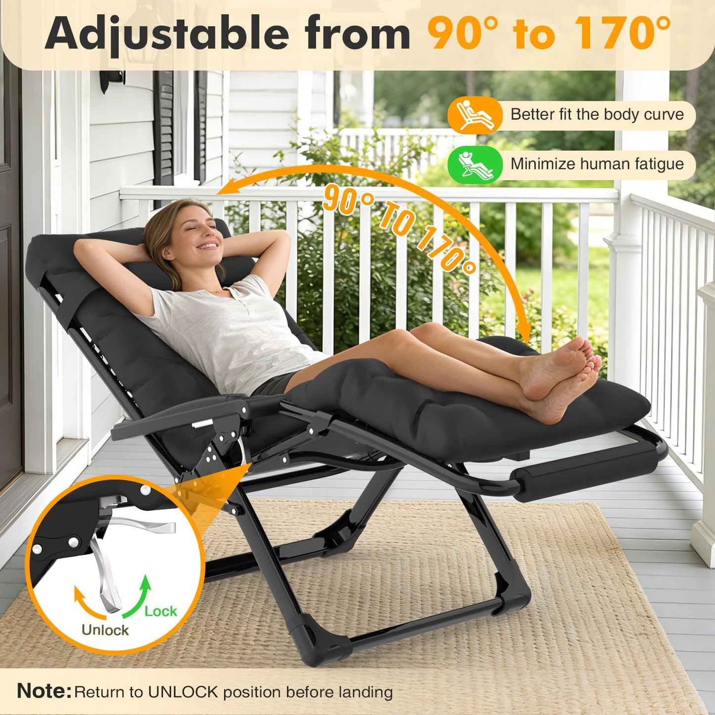 Slendor Oversized Zero Gravity Chairs XL, Padded Anti Gravity Chair, 29in Zero Gravity Lounge Chair, Folding Reclining Chair w/Aluminum Alloy Lock, Headrest, Cup Holder, Support 440lbs, Black