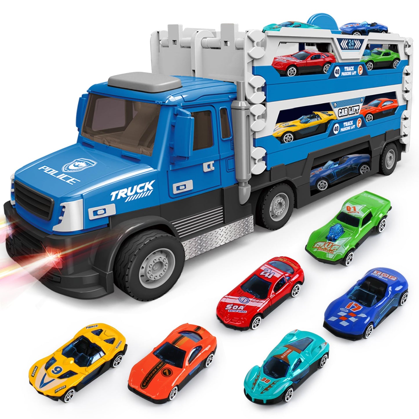 DOWELLIN 6 in 1 Transport Truck Toys for Kids, Police Trucks Carrier Cars with 6Pcs Metal Race Car with Light&Sounds, Toddler Vehicles Toys Gifts for Boys Girls Age 3 4 5 6 7 8-Blue