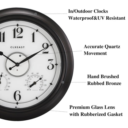 CLXEAST Illuminated Indoor Outdoor Clocks Waterproof 18 inch with Smart Night Light Sensor,Large Wall Clock with Thermometer & Hygrometer,Oil Rubbed Bronze Black,Spring Outdoor Decor