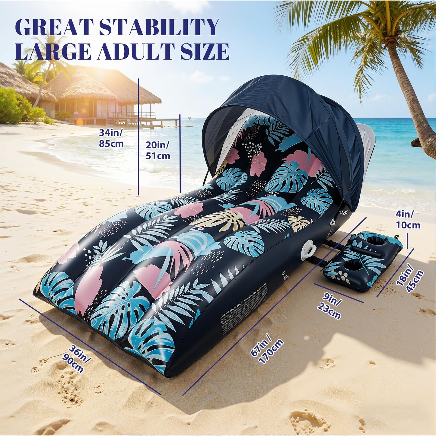 Deyhoc Pool Floats Lounger with UPF50+ Canopy Adjustable, Inflatable Large Floating Chair Ergonomic Design, with Cup Holders, Perfect for Swimming Pool, Beach, Lake, Party - Dark Blue