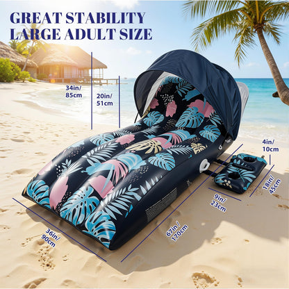 Deyhoc Pool Floats Lounger with UPF50+ Canopy Adjustable, Inflatable Large Floating Chair Ergonomic Design, with Cup Holders, Perfect for Swimming Pool, Beach, Lake, Party - Dark Blue