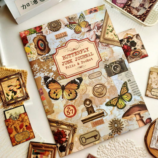 ZHIJIANHZ Vintage Junk Journal Kit with DIY Ephemera Storage and Accordion Pockets,11 Sheets Cardstock Pieces for Art Journaling, Scrapbooking and Mixed Media Crafts