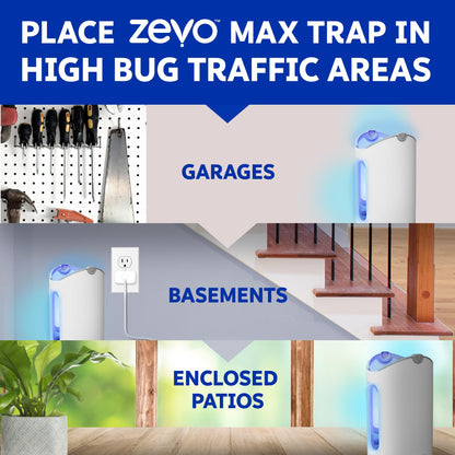 Zevo MAX Bug Catcher & Fly Trap for Indoors - Flying Insect Trap for Gnats, House & Fruit Flies - Use in Any Room - No-Mess Disposal (1 Plug in Base & 2 Cartridges)