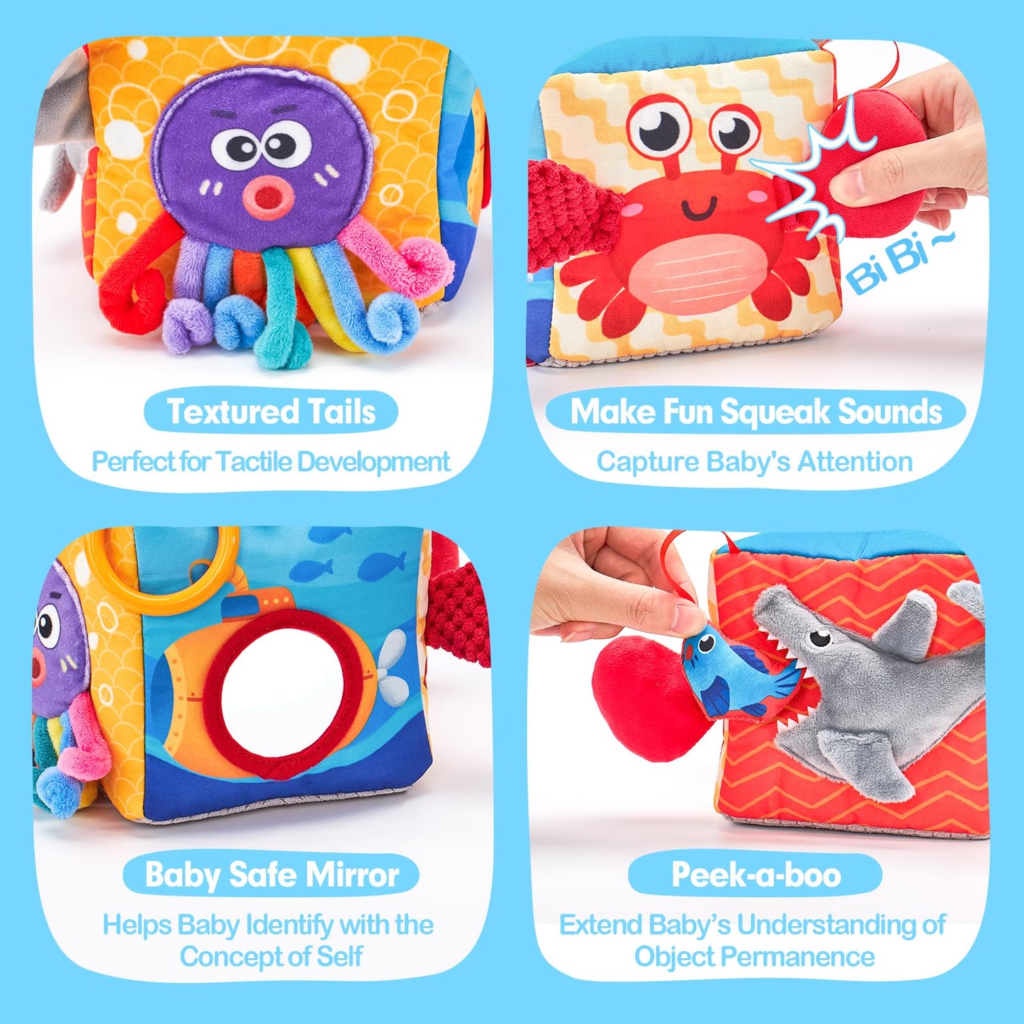 hahaland Baby Tissue Box Toy - Baby Toys 6-12 Months Montessori Toys for 6 Month Old with Textured Tails, Crinkle Tissues, Squeaky, Mirror, Play Silks Sensoy Scarves Baby Gifts 9 Month Old Travel Toys