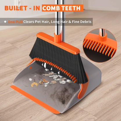 Upgraded Broom and Dustpan Set, 52" Long Handle Standing Combo with Self-Cleaning Teeth – Perfect for Pet Hair, Kitchen, Office, Home, Indoor & Outdoor Cleaning(Orange & Gray)